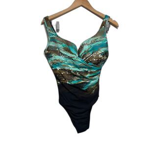 Miraclesuit Swimsuit Women's 12/14 Blue Black One Piece Shaping Underwire Modest